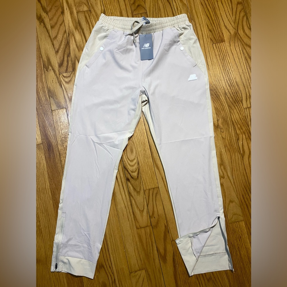 NEW BALANCE All Motion 4-Way Stretch PANTS 2 Tone Beige Sz New white Logo